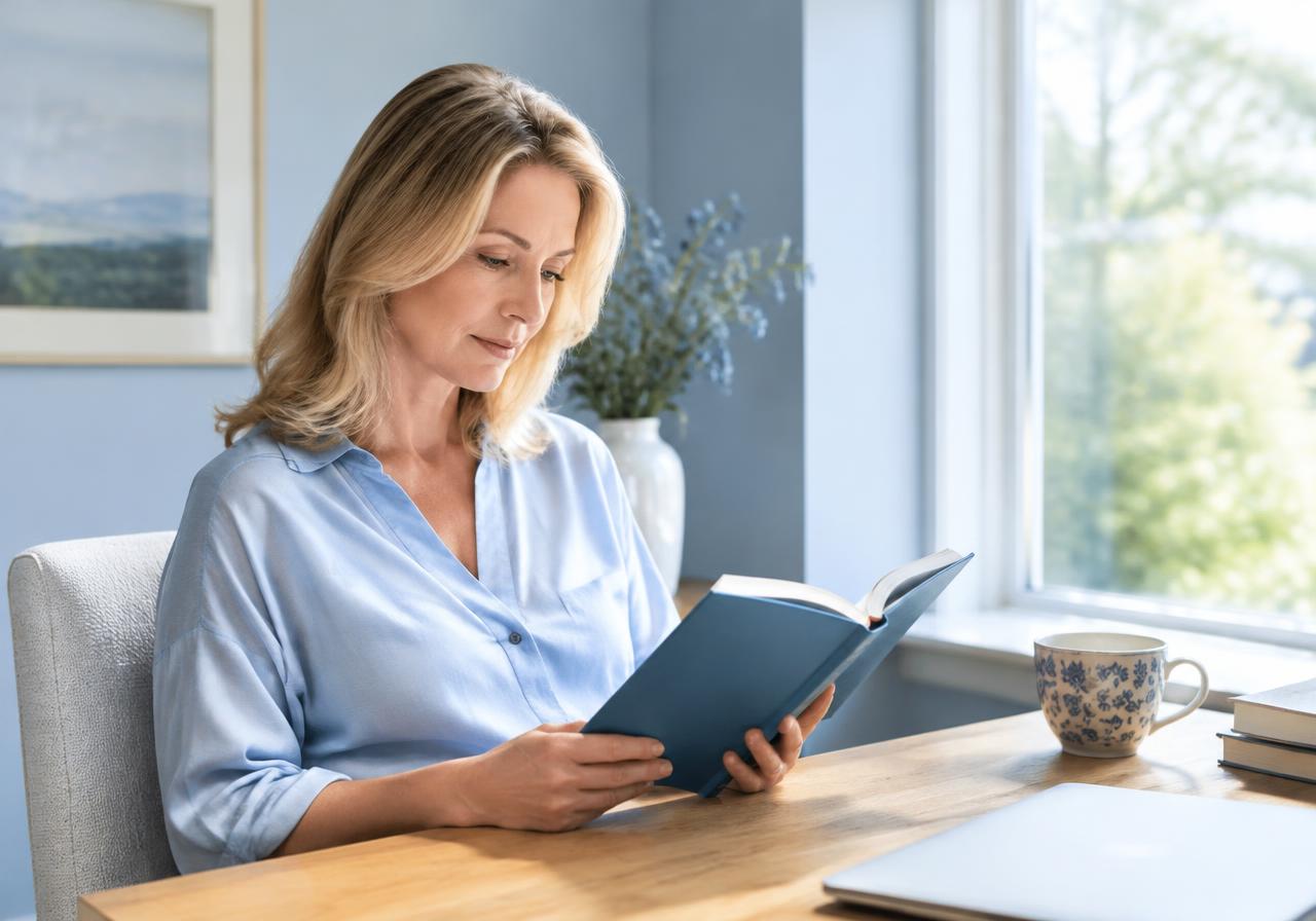 Frau liest konzentriert ein Buch am Schreibtisch